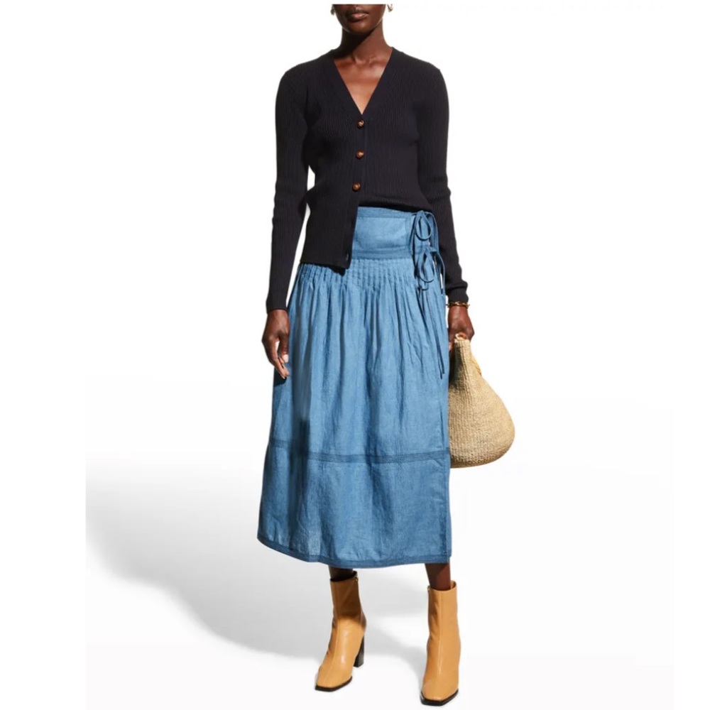 TORY BURCH CHAMBRAY DENIM TIERED LINEN MAXI SKIRT SIZE 12 NWT